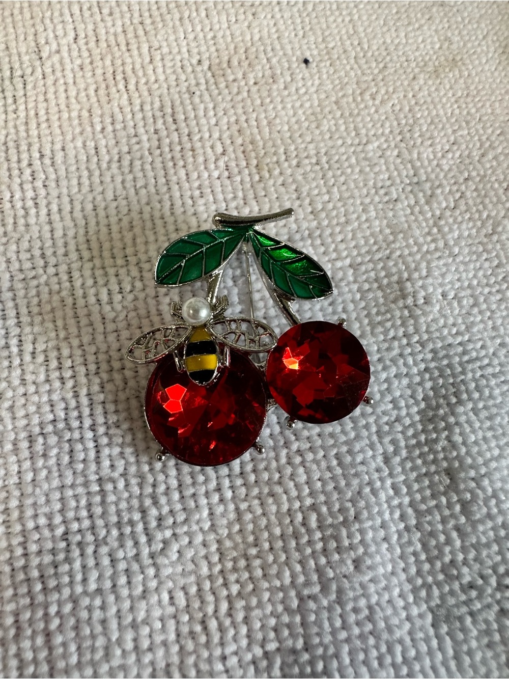Unk Red Cherry and Bee Brooch with Green Leaves
